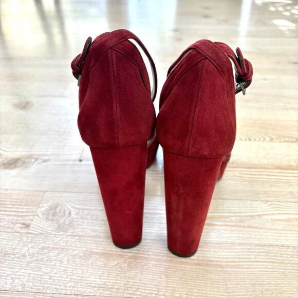 Stuart Weitzman Hijinx Platform Suede Peep Toe Heels | Deep Red Size 9 - Picture 8 of 11